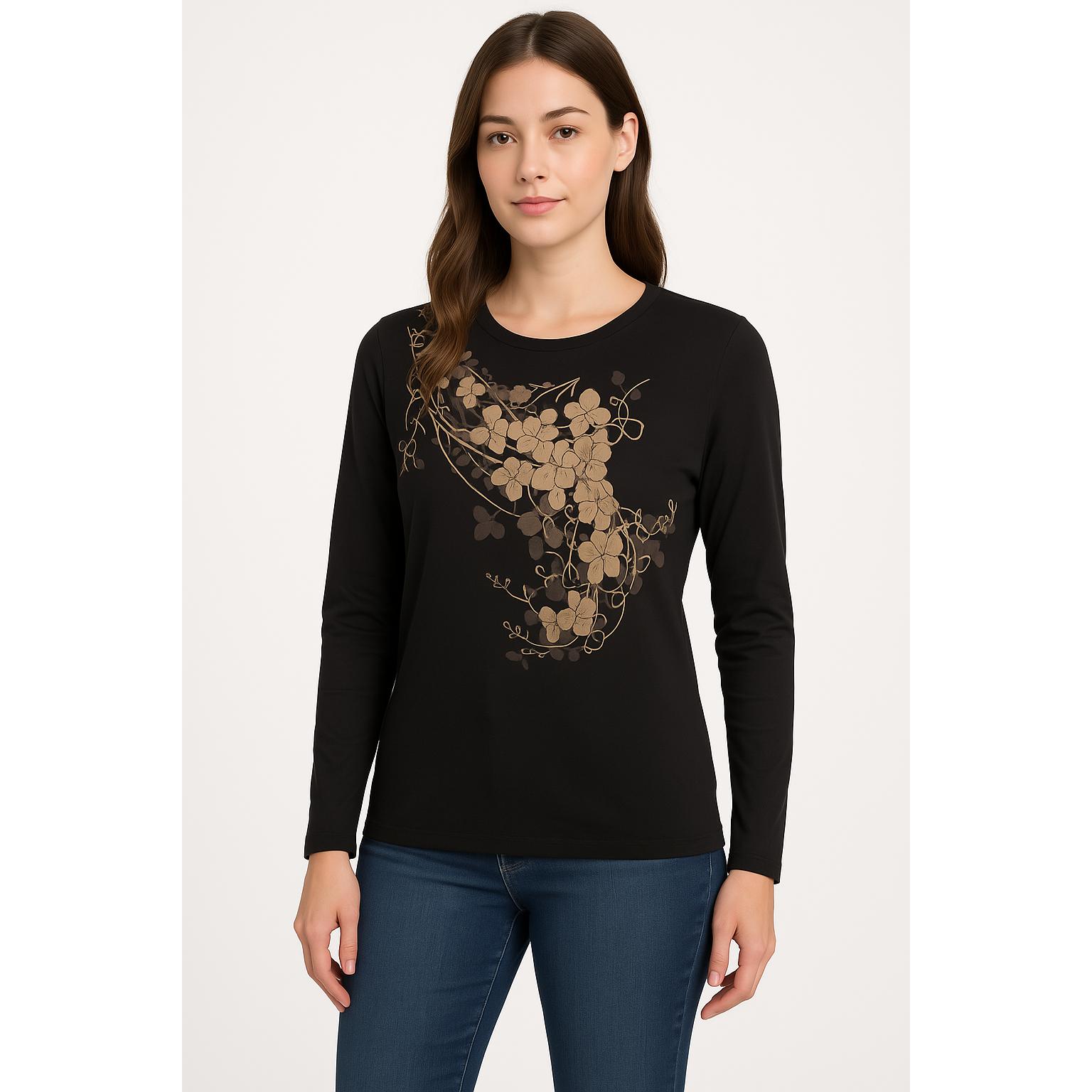 Tahari Top Women Size Large Long Sleeve Brown Gold Floral Print Crew Neck Cotton